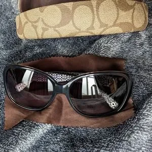 Coach Ella Sunglasses in Black, white, silver w/ lens cloth and case, classic Coach HC8395U CR614 M (54 - 17) with Grey lenses and Black  main image 3